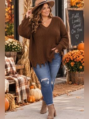 Cato Chocolate Brown V-Neck Torn Distressed Sweater Size 22/24